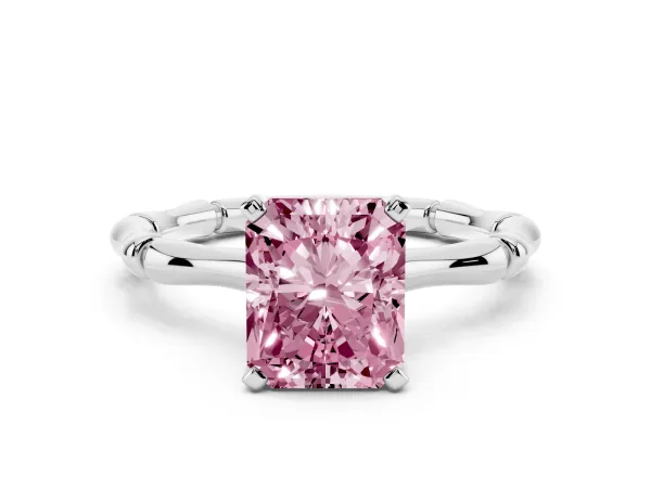 Fancy Pink Radiant Cut Solitaire Diamond Ring with Bamboo Band and Four-Prong Setting Platinum