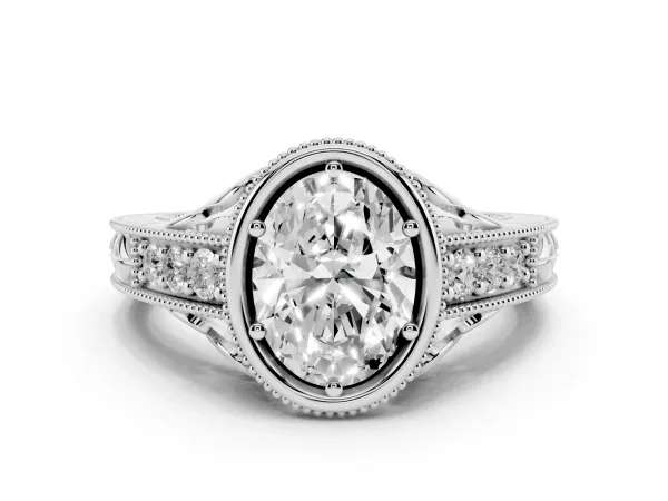 Bezel Set Oval Cut Diamond Milgrain Pave Engagement Ring White gold