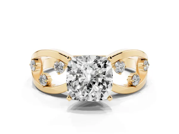 Cushion Cut Cut Solitaire Diamond with Side Stones on Criss-Cross Band and Four-Prong Setting Yellow gold