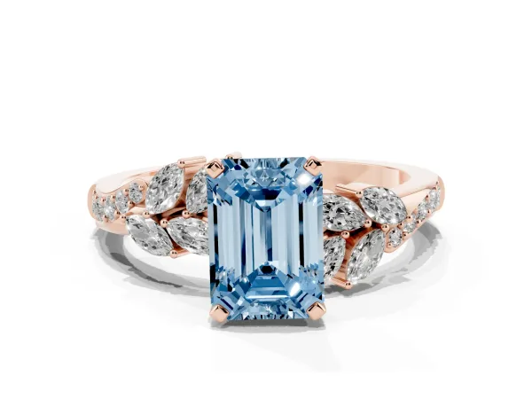 Fancy Blue Emerald Cut Solitaire Marquise Twist Band with Six-Prong Setting Rose gold