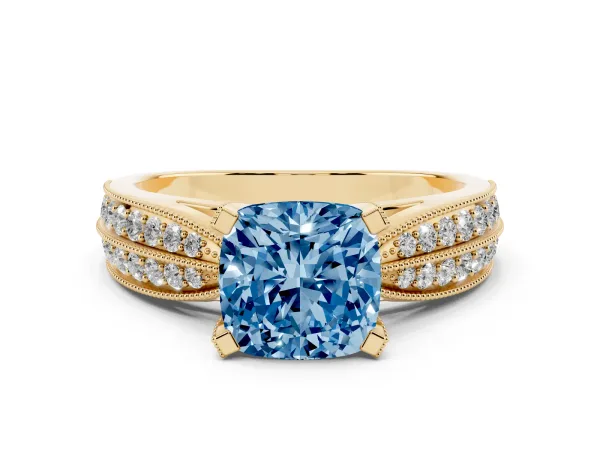 Fancy Blue Cushion Cut Diamond Solitaire Ring with Milgrain Round Pavé Band and Prong Setting Yellow gold