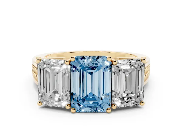 Fancy Blue Emerald Cut Diamond Three-Stone Ring with Prong Setting and Textured Band Yellow gold