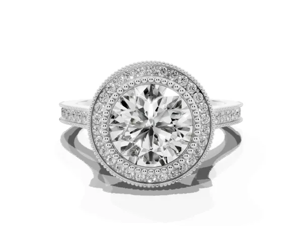 Round Cut Diamond Halo Ring with Milgrain Frame and Pavé Band Platinum