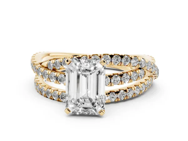 Emerald Cut Solitaire Twist Band with Pavé Setting and Four-Prong Setting Yellow gold