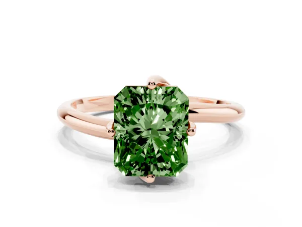 Fancy Green Radiant Cut Diamond Solitaire Engagement Ring with Four-Prong Setting and Classic Band Rose gold