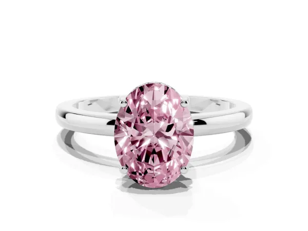 Fancy Pink Oval Cut Solitaire Diamond Ring with Prong Setting and Plain Band Platinum