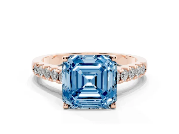 Fancy Blue Asscher Cut Diamond Pavé Band Solitaire Ring with Prong Setting Rose gold