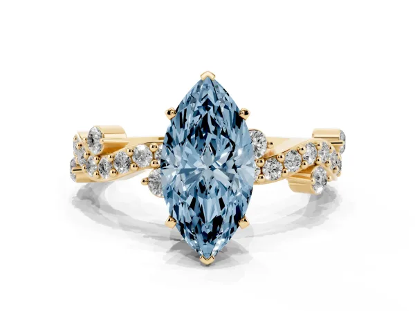 Fancy Blue Marquise Cut Cut Solitaire Diamond Twisted Band with Pave Setting Yellow gold