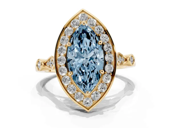 Fancy Blue Marquise Cut Halo Diamond Engagement Ring with Twisted Band and Four-Prong Setting Yellow gold