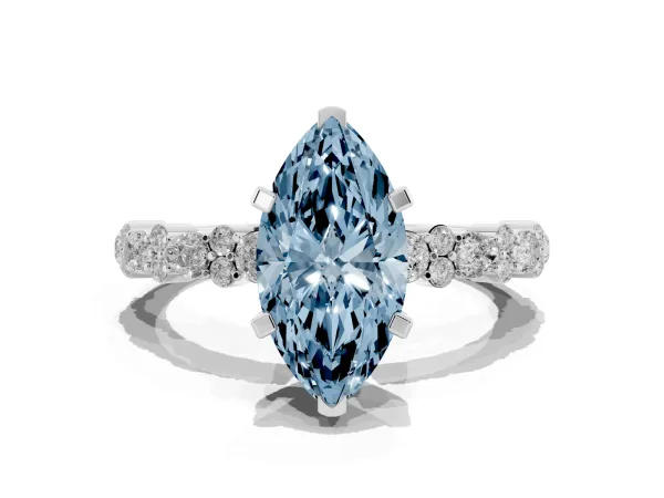 Fancy Blue Marquise Cut Diamond Side Stone Solitaire Ring with Round and Four-Prong Setting Platinum