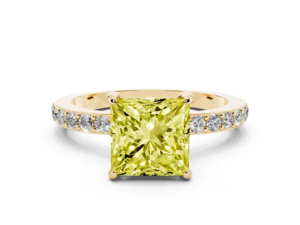 Fancy Yellow Princess Cut Diamond Solitaire Engagement Ring with Pavé Band and Four-Prong Setting Yellow gold