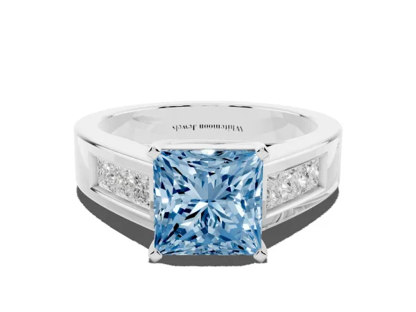 Fancy Blue Princess Cut Cut Channel Set Solitaire Ring with Four-Prong Setting White gold