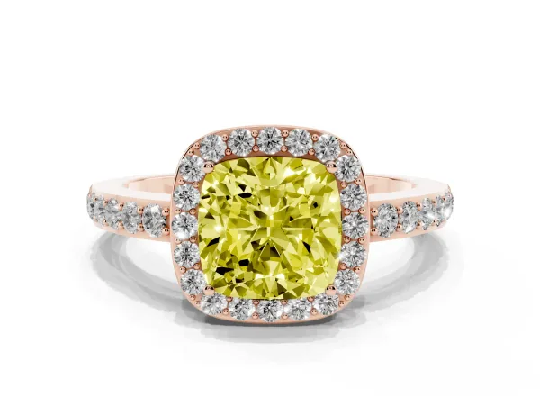 Fancy Yellow Cushion Cut Halo Diamond Pavé Band Ring with Prong Setting Rose gold
