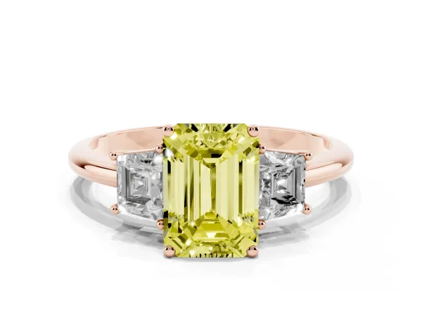 Fancy Yellow Emerald Cut Diamond Three-Stone Ring with Trapezoid Side Stones and Prong Setting Rose gold