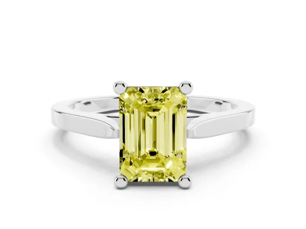 Fancy Yellow Emerald Cut Solitaire Diamond Ring with Four-Prong Setting and Tapered Band Platinum