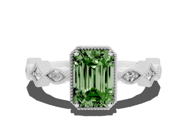 Fancy Green Emerald Cut Milgrain Marquise Diamond Twist Band Ring Platinum