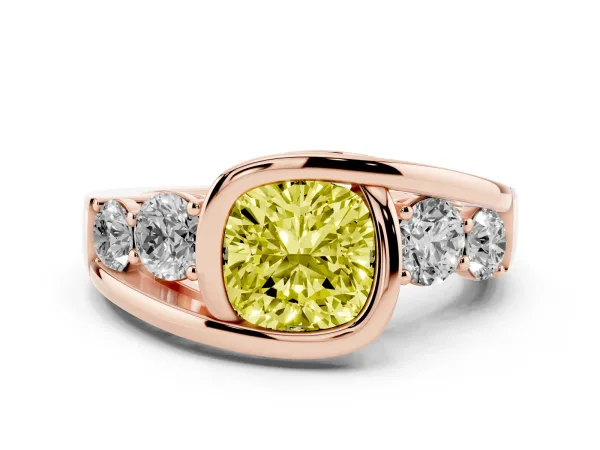 Fancy Yellow Bezel Set Cushion Cut Diamond Bypass Ring with Round Accents Rose gold