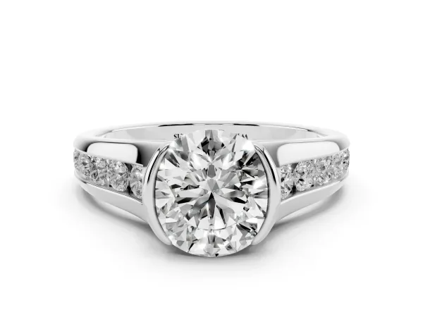 Round Cut Solitaire Bezel-Set Diamond Ring with Channel-Set Band White gold