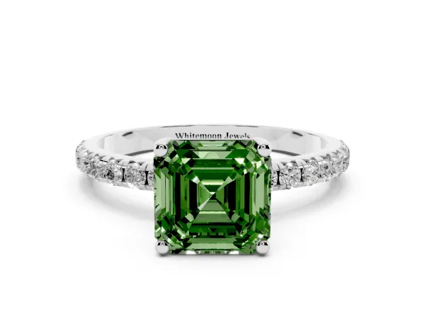 Fancy Green Asscher Cut Cut Diamond Solitaire Ring with Micro Pave Band and Four Prong Setting White gold