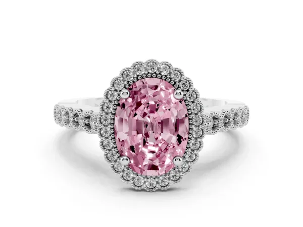 Fancy Pink Oval Cut Cut Halo Pavé Solitaire Ring with Milgrain Band White gold