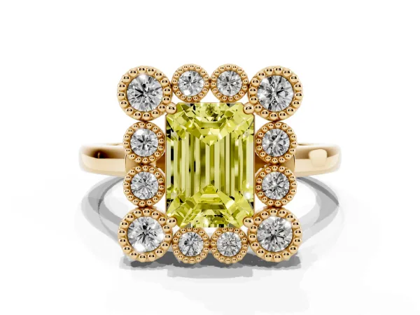Fancy Yellow Emerald Cut Halo Diamond Cluster Engagement Ring with Milgrain Bezel Setting and Solitaire Band Yellow gold