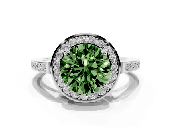 Fancy Green Round Cut Diamond Halo Ring with Split Shank and Four-Prong Setting Platinum