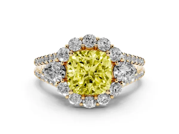 Fancy Yellow Cushion Cut Halo Split Shank Diamond Engagement Ring with Prong Setting Yellow gold