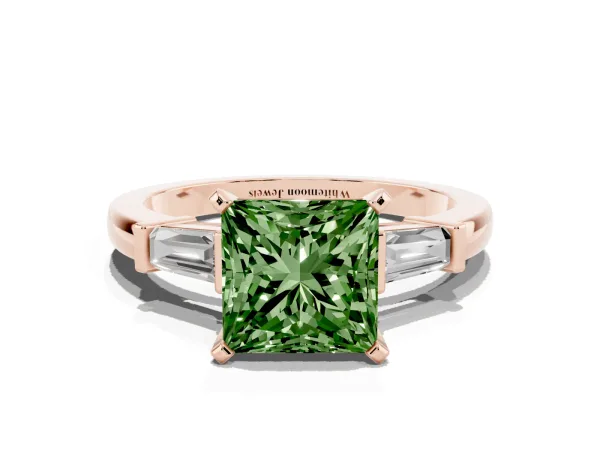Fancy Green Princess Cut Cut Diamond Solitaire Ring with Tapered Baguette Accents and Four-Prong Setting Rose gold