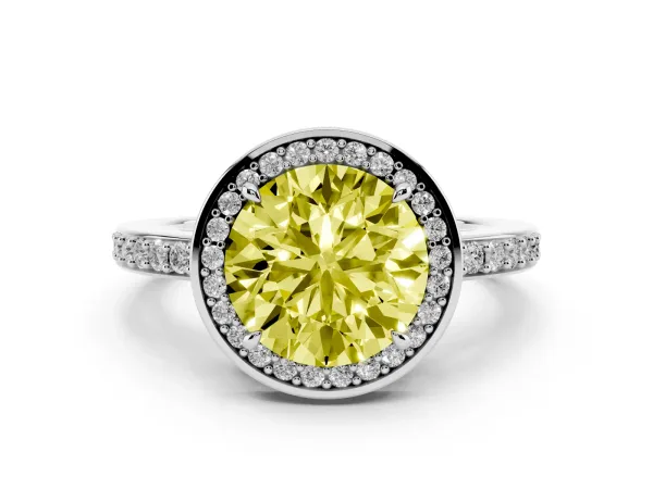 Fancy Yellow Round Cut Halo Pave Band Solitaire Ring with Prong Setting Platinum