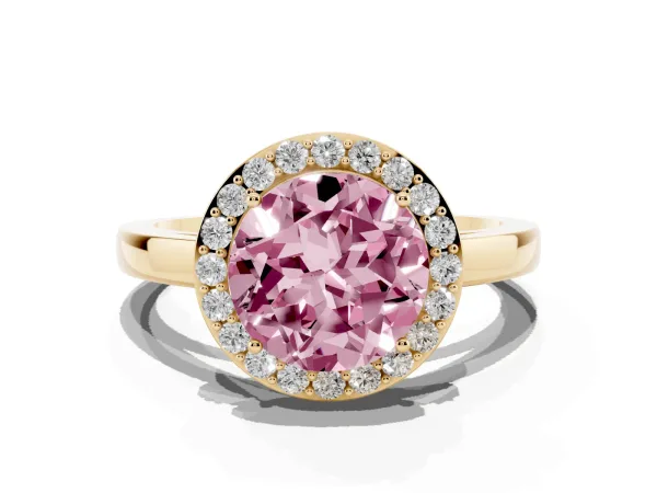 Fancy Pink Round Cut Halo Diamond Ring with Solitaire Band and Prong Setting Yellow gold