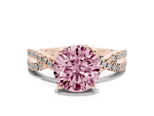 Fancy Pink Round Cut Solitaire Twist Pave Diamond Engagement Ring with Prong Setting Rose gold