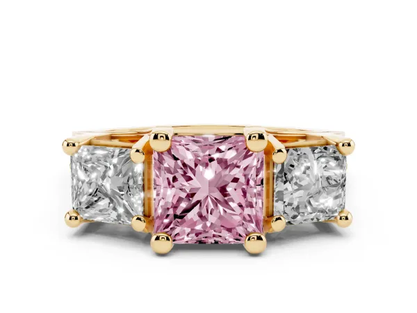 Fancy Pink Princess Cut Diamond Three-Stone Ring with Channel Set Band and Four-Prong Setting Yellow gold