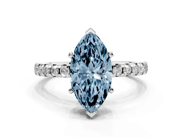 Fancy Blue Marquise Cut Diamond Solitaire Ring with Round Pavé Band and Four-Prong Setting White gold