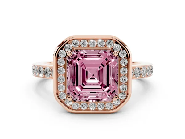 Fancy Pink Asscher Cut Diamond Halo Ring with Bezel Frame and Pavé Band Rose gold