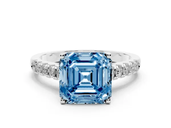 Fancy Blue Asscher Cut Diamond Pavé Band Solitaire Ring with Prong Setting White gold