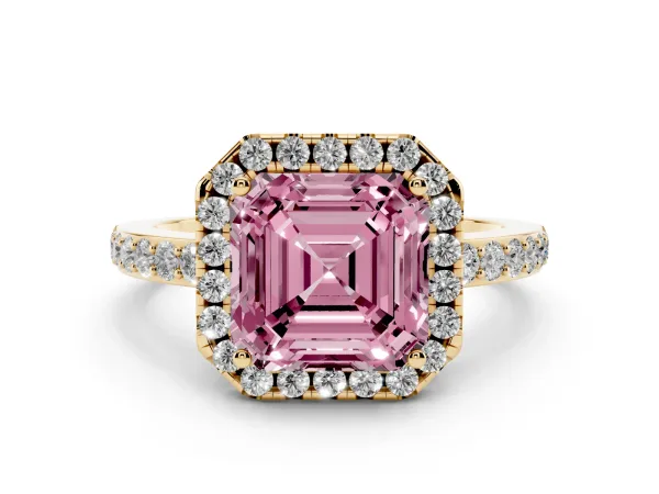 Fancy Pink Asscher Cut Halo Diamond Pavé Band Ring with Prong Setting Yellow gold