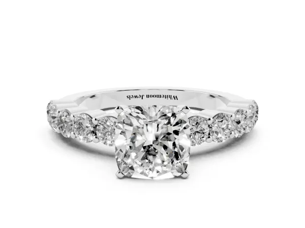 Cushion Cut Diamond Solitaire Ring with Shared Prong Round Side Stones White gold