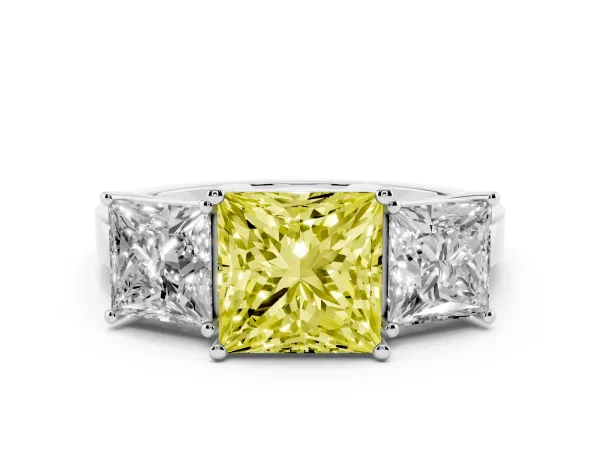 Fancy Yellow Three-Stone Princess Cut Cut Diamond Engagement Ring with Flat Band and Four-Prong Setting Platinum