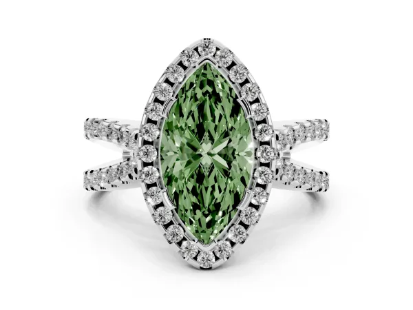 Fancy Green Marquise Cut Diamond Halo Ring with Split Shank Pavé Band and Prong Setting Platinum