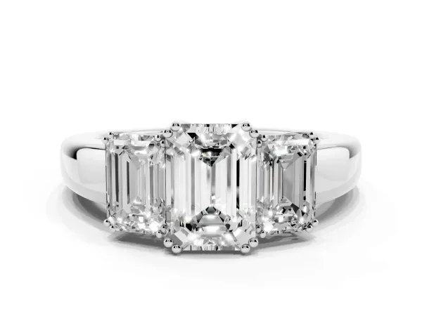 Three-Stone Emerald Cut Cut Diamond Ring with Channel Set Band and Four-Prong Setting Platinum
