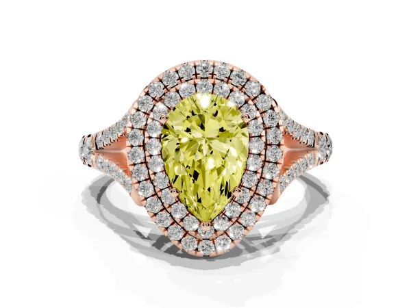 Fancy Yellow Double Halo Pear Cut Diamond Split Shank Engagement Ring with Four-Prong Setting Rose gold