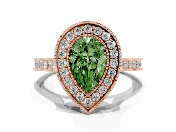 Fancy Green Halo Pear Cut-Cut Diamond Pave Band Milgrain Prong Setting Ring Rose gold