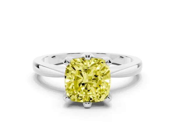 Fancy Yellow Cushion Cut Solitaire Engagement Ring with Six-Prong Setting and Tapered Band Platinum