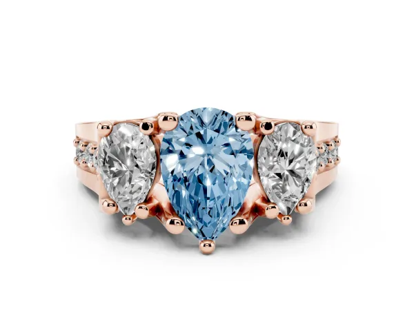 Fancy Blue Pear Cut Diamond Three-Stone Ring with Channel Set Band and Four-Prong Setting Rose gold