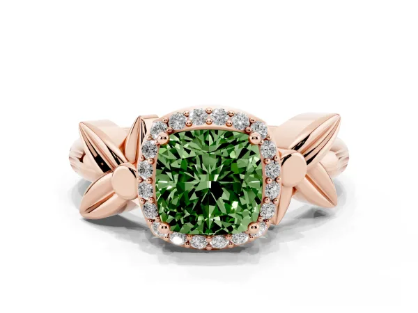 Fancy Green Cushion Cut Halo Diamond Floral Band with Four-Prong Setting Rose gold