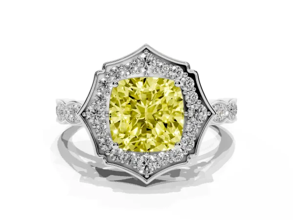 Fancy Yellow Cushion Cut Halo Diamond Engagement Ring with Milgrain Band and Four-Prong Setting Platinum