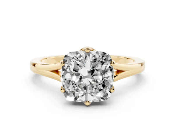 Cushion Cut Solitaire Diamond Ring with Six-Prong Setting and Tapered Band Yellow gold