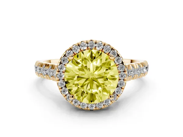 Fancy Yellow Round Cut Halo Pavé Diamond Engagement Ring with Four-Prong Setting Yellow gold
