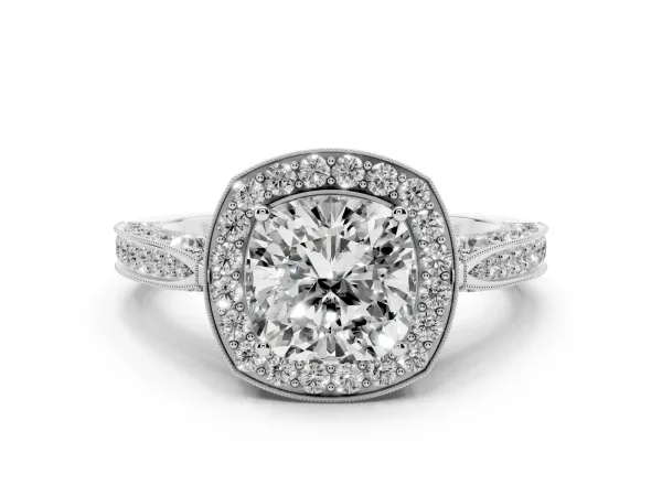 Cushion Cut Halo Diamond Engagement Ring with Split Shank Band and Four-Prong Setting Platinum
