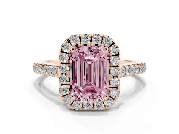 Fancy Pink Emerald Cut Halo Pave Diamond Engagement Ring with Four-Prong Setting Rose gold